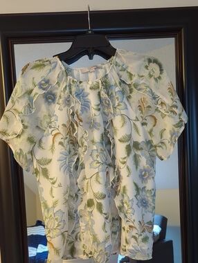 LOFT Floral Ruffle Flutter Sleeve Blouse - Blue & Green